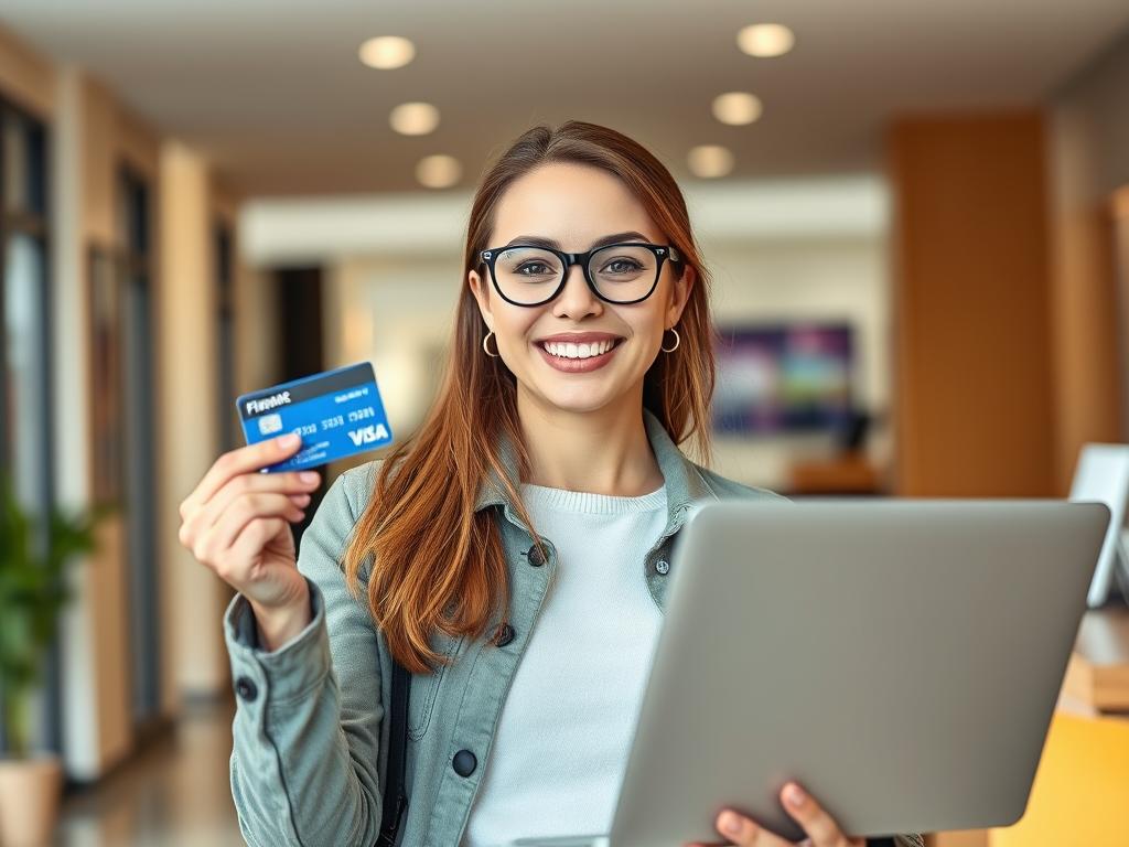 Generate an image of a person holding a credit card and a laptop, with a friendly expression.