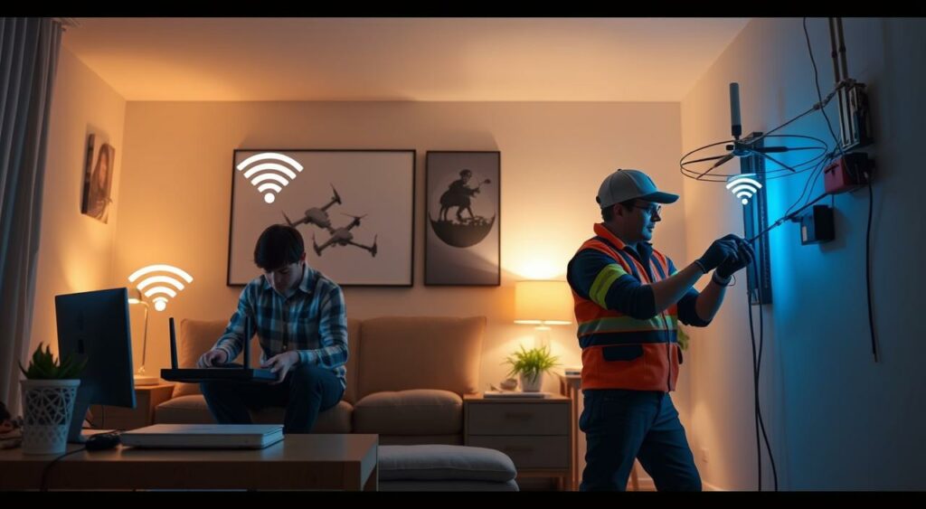 Generate an image of a person installing a Wi-Fi router versus a professional technician installing a mesh network system. Generate an image of a person installing a Wi-Fi router versus a professional technician installing a mesh network system.