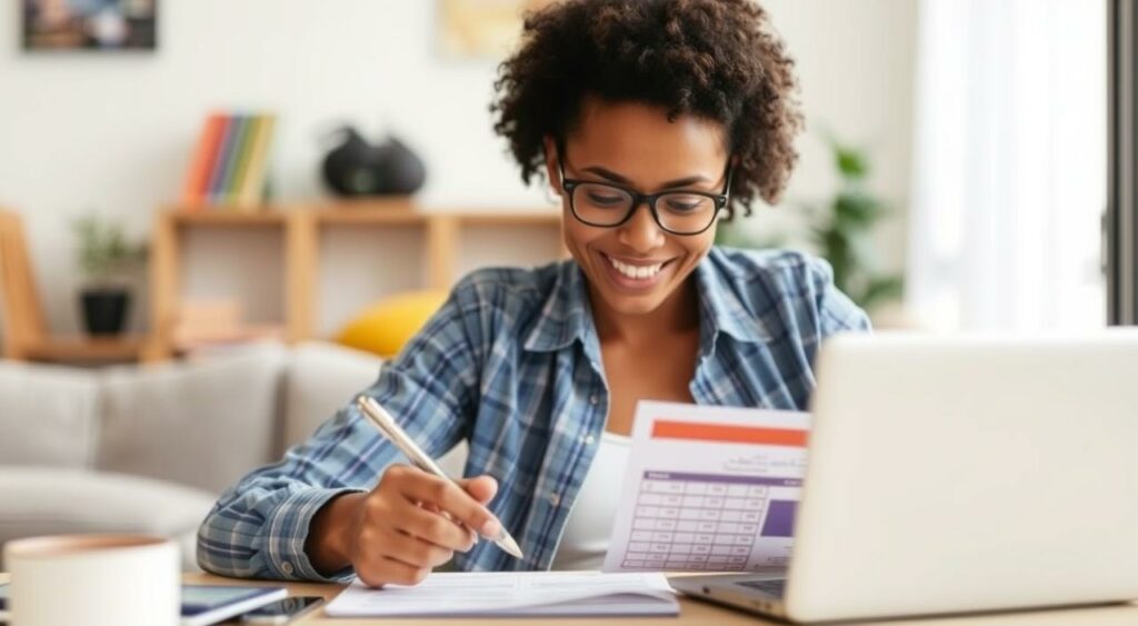 Generate an image of a person making monthly payments on a credit-builder loan Generate an image of a person making monthly payments on a credit-builder loan