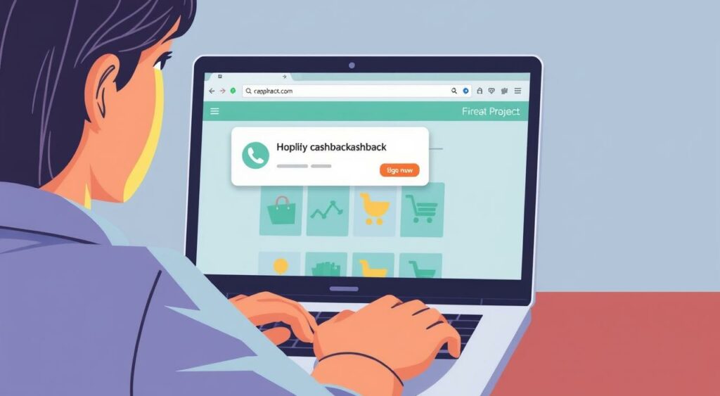Generate an image of a person shopping online with a laptop, with a browser extension icon visible on the toolbar, highlighting cashback offers.