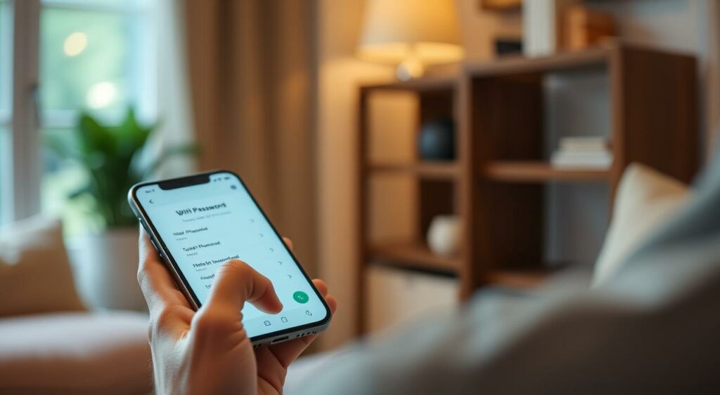Generate an image of a person using a WiFi password manager app on their smartphone. Generate an image of a person using a WiFi password manager app on their smartphone.