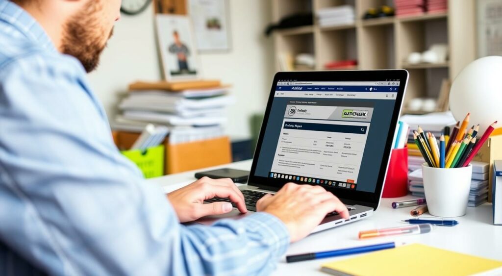 Generate an image of a person using a laptop to check a vehicle's history report on AutoCheck.