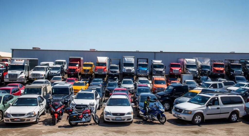 Generate an image of a police auction lot with various vehicles