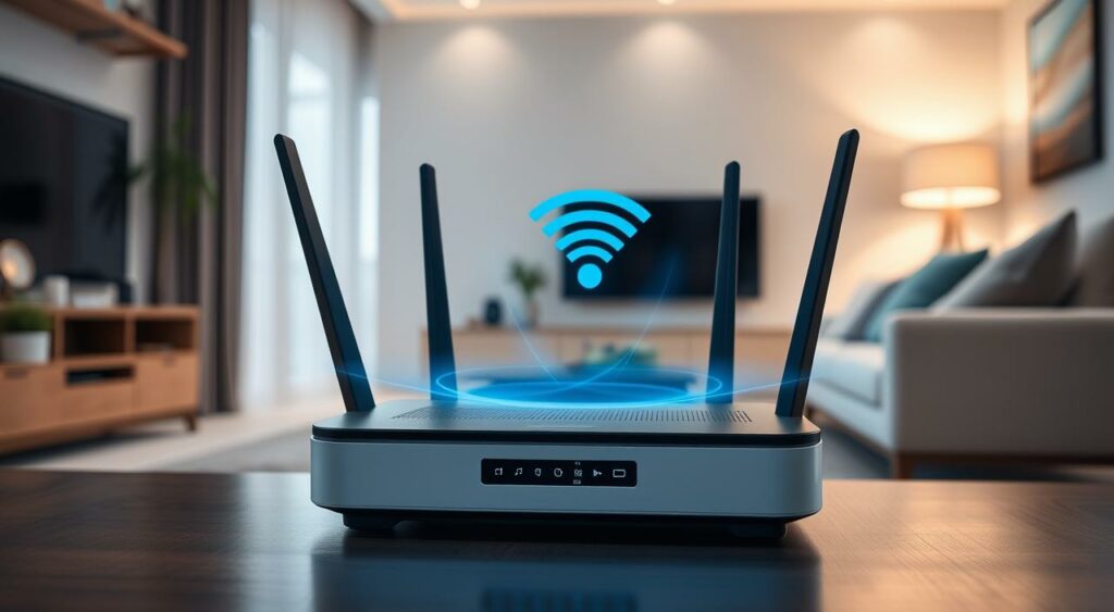 Generate an image of a smart home Wi-Fi router Generate an image of a smart home Wi-Fi router