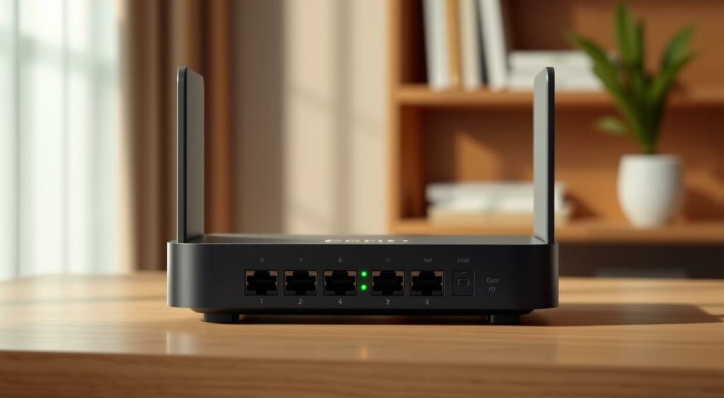 Generate an image of the Eero Max7 router with a sleek, modern design, showcasing its multiple Ethernet ports and LED indicators. Generate an image of the Eero Max7 router with a sleek, modern design, showcasing its multiple Ethernet ports and LED indicators.