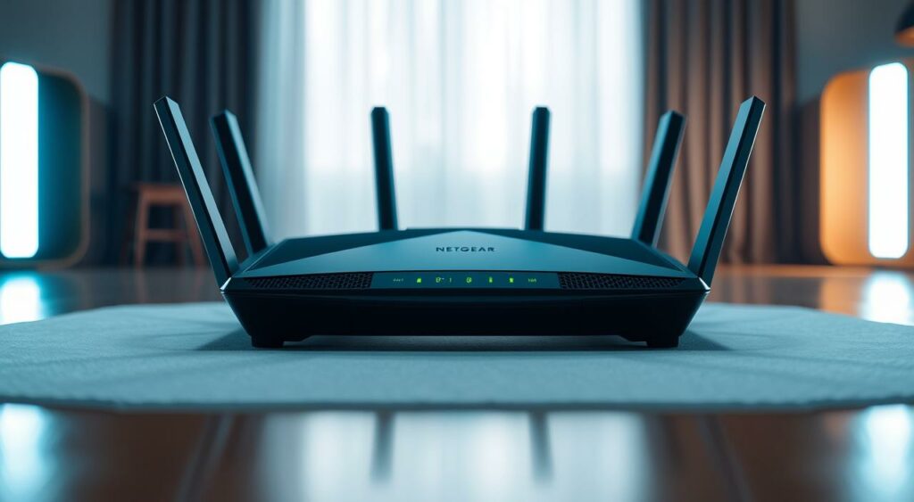 Generate an image of the Netgear NightHawk RS100 router from a 45-degree angle, showcasing its sleek design and LED indicators. Generate an image of the Netgear NightHawk RS100 router from a 45-degree angle, showcasing its sleek design and LED indicators.