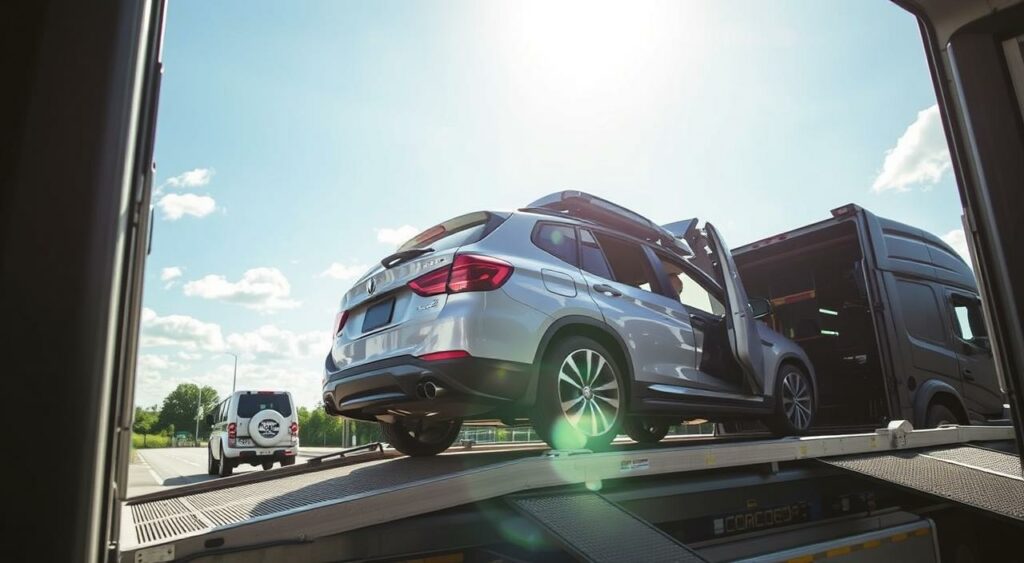 Image of a car being loaded onto an open transport carrier Image of a car being loaded onto an open transport carrier