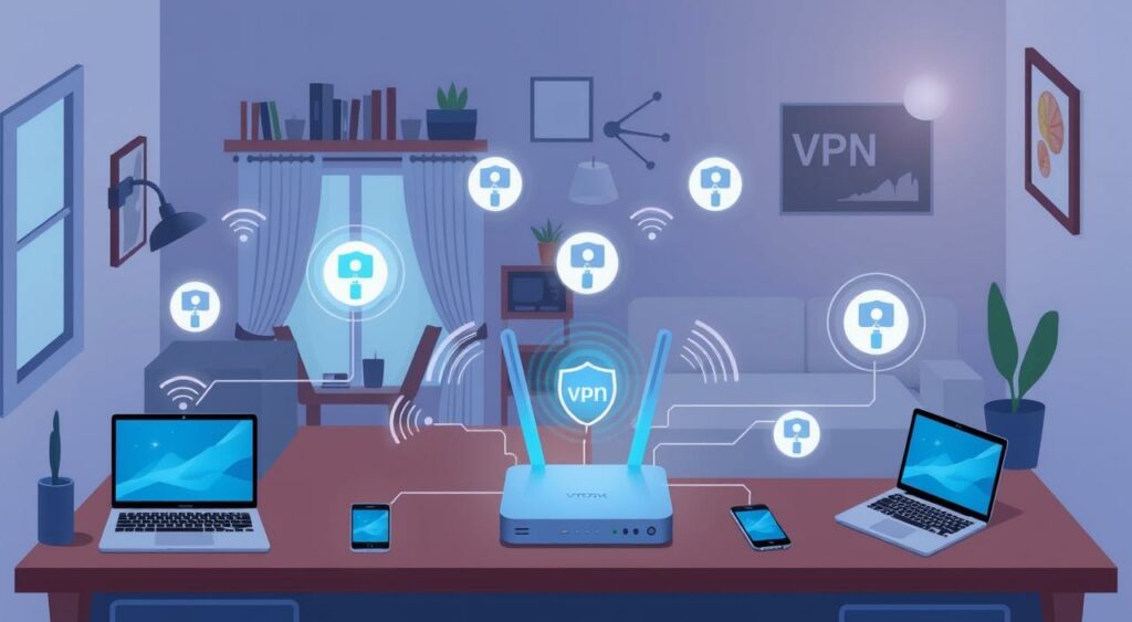 Image of a home network with multiple devices connected to a VPN router
