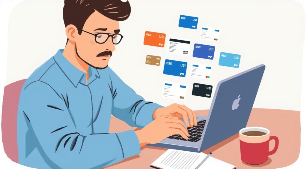 Image of a person reviewing credit card offers on a laptop Image of a person reviewing credit card offers on a laptop