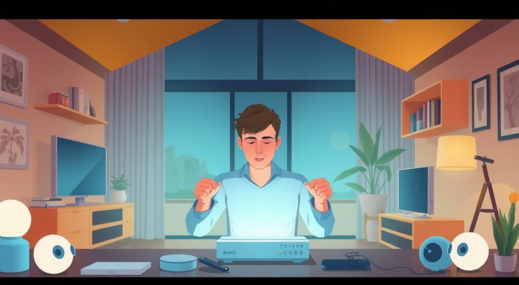 Image of a person setting up a Wi-Fi router in a smart home environment Image of a person setting up a Wi-Fi router in a smart home environment