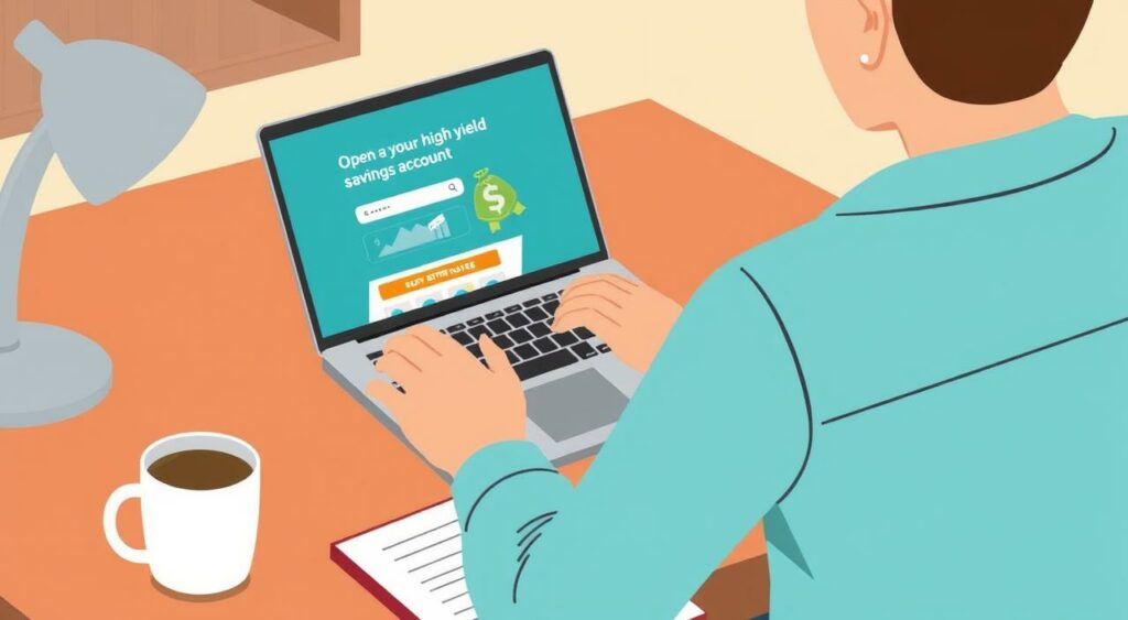 Image of a person using a laptop to open a high-yield savings account online. Image of a person using a laptop to open a high-yield savings account online.