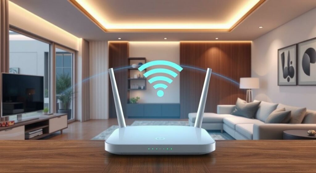 Image of a smart home Wi-Fi router with mesh network technology Image of a smart home Wi-Fi router with mesh network technology