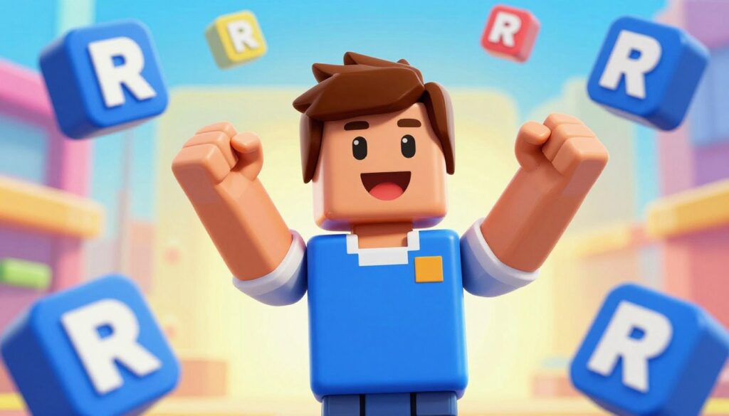 Happy Roblox player with earned Robux currency Happy Roblox player with earned Robux currency